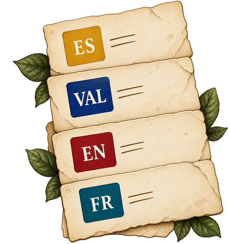 Cuatro papeles con las siglas ES, VAL, EN y FR