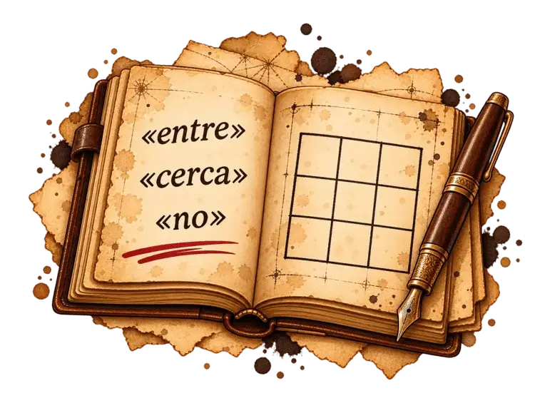Quadern antic amb paraules escrites al costat d’una quadrícula i una ploma