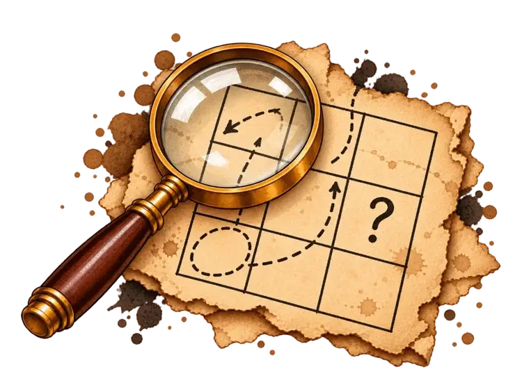 Lupa sobre una quadrícula de 3 × 3 amb un signe d’interrogació